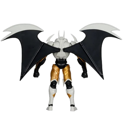 Rear view of McFarlane DC Multiverse Batman Final Batsuit 10-inch MegaFig with wings extended, showing armor detail and mechanical wing design.