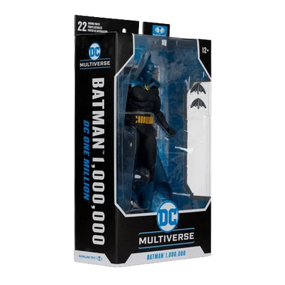 Angled view of McFarlane DC Multiverse Batman One Million 7-inch action figure packaging showing logo and accessories.