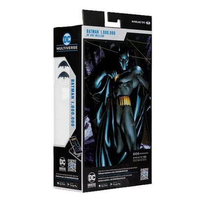 Back view of McFarlane DC Multiverse Batman One Million 7-inch action figure packaging showing artwork, accessories, and bio layout.