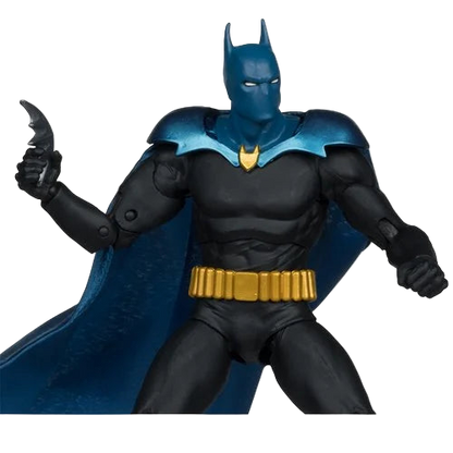 Close-up of McFarlane DC Multiverse Batman One Million 7-inch action figure holding a batarang with detailed blue armor and gold utility belt.