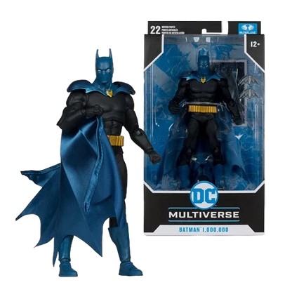 McFarlane DC Multiverse Batman One Million 7-inch action figure posed beside retail packaging with DC logo and accessories visible.