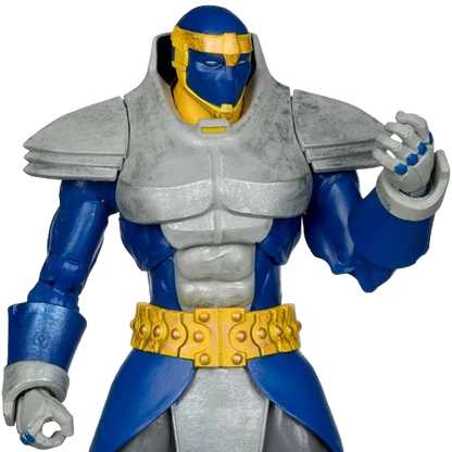 Close-up of McFarlane DC Direct Monarch figure showing detailed armor sculpt and helmet design.