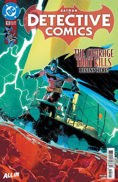 Detective Comics #1101 Cover A by Mikel Janín featuring Batman on a stormy boat under lightning, launching The Courage That Kills arc – DC Comics 2025