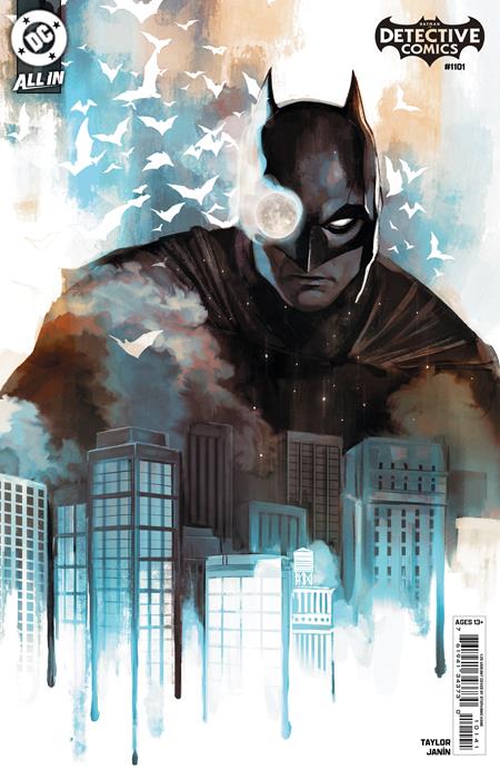 Detective Comics #1101 Cover E 1:25 incentive by Stephanie Hans card stock variant with Batman emerging in watercolor style above Gotham cityscape and white doves – DC Comics 2025