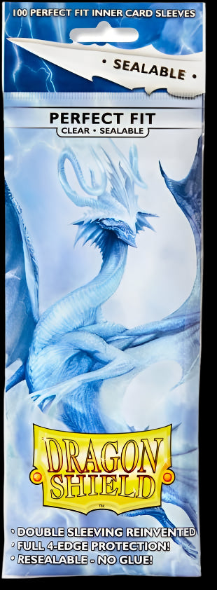 Retail packaging for Dragon Shield clear sealable perfect fit inner card sleeves, featuring blue dragon artwork and product highlights.