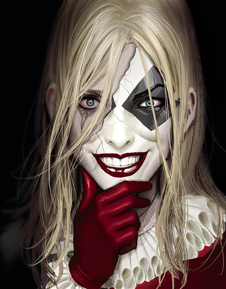 Cover of Harleen HC – a haunting split-face portrait of Dr. Harleen Quinzel and her transformation into Harley Quinn.