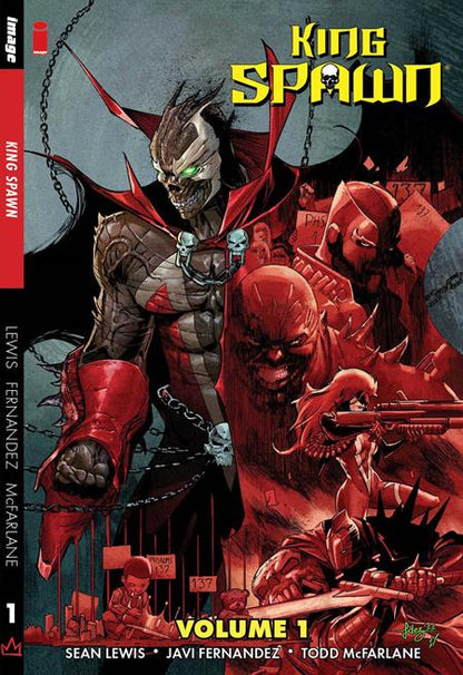Cover of King Spawn TP Vol. 01 showing Spawn in battle, with fiery red tones and cult imagery