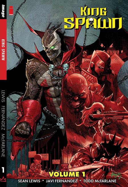 Cover of King Spawn TP Vol. 01 showing Spawn in battle, with fiery red tones and cult imagery