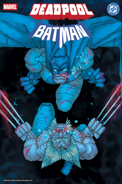 Deadpool/Batman #1 Frank Miller 1:50 incentive variant cover featuring Batman and Deadpool underwater, rendered in Miller’s dark, angular style – Marvel/DC 2025 crossover comic