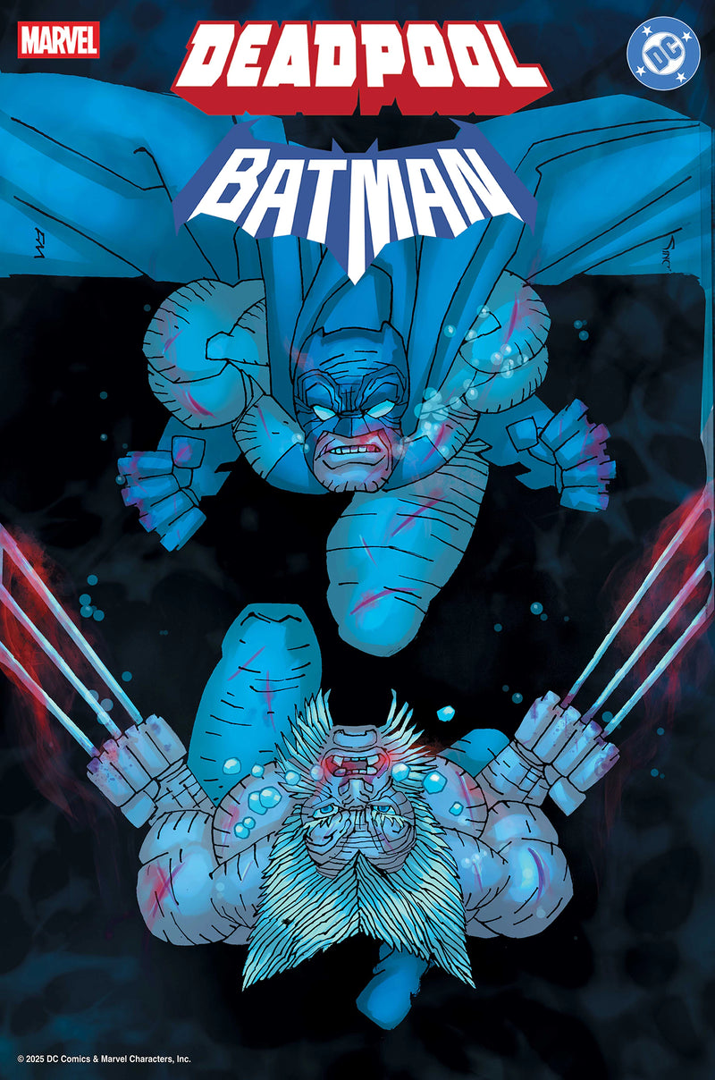 Deadpool/Batman #1 Frank Miller 1:50 incentive variant cover featuring Batman and Deadpool underwater, rendered in Miller’s dark, angular style – Marvel/DC 2025 crossover comic