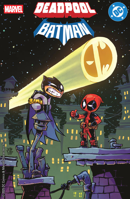 Deadpool/Batman #1 Skottie Young Variant cover featuring chibi-style Batman and Deadpool on Gotham rooftops with a Deadpool-inspired Bat-Signal in the sky – Marvel/DC 2025 crossover comic