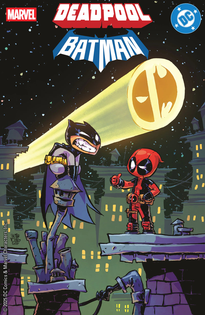 Deadpool/Batman #1 Skottie Young Variant cover featuring chibi-style Batman and Deadpool on Gotham rooftops with a Deadpool-inspired Bat-Signal in the sky – Marvel/DC 2025 crossover comic
