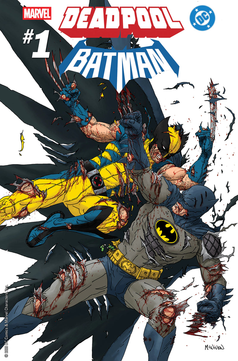 Deadpool/Batman #1 Steve McNiven 1:25 incentive variant cover featuring Batman locked in a brutal fight with Wolverine, with torn costumes and battle damage – Marvel/DC 2025 crossover comic