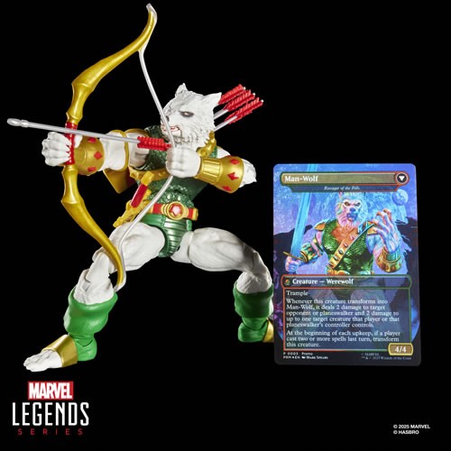 Marvel Legends Man-Wolf action figure posed with bow and exclusive Magic the Gathering crossover card