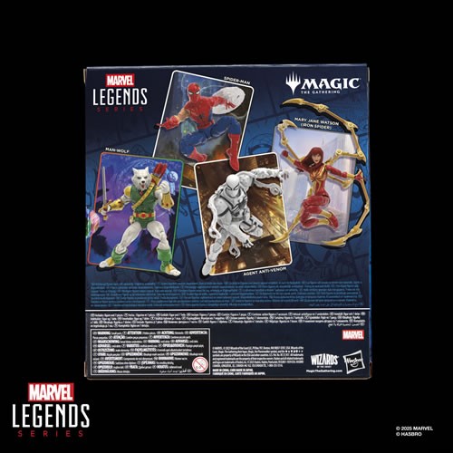 Back packaging of Marvel Legends Man-Wolf Magic the Gathering crossover figure with lineup of wave characters