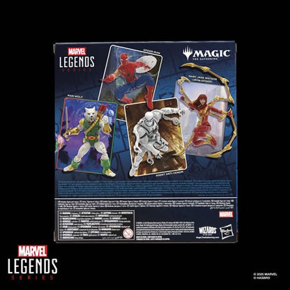 Back packaging of Marvel Legends Man-Wolf Magic the Gathering crossover figure with lineup of wave characters