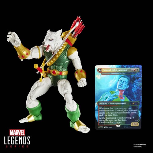 Marvel Legends Man-Wolf posed with Colonel John Jameson Magic the Gathering crossover card