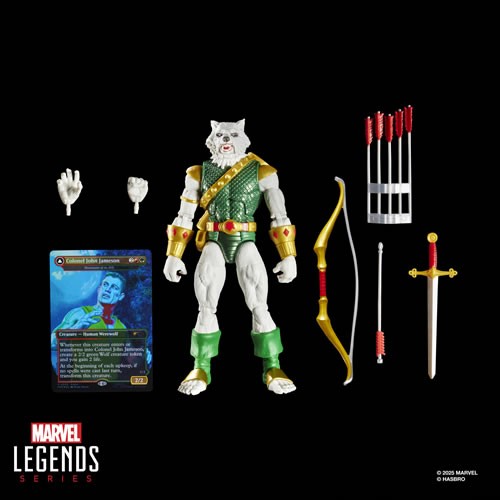 Marvel Legends Man-Wolf figure displayed with full accessories including bow, sword, quiver, and alternate hands