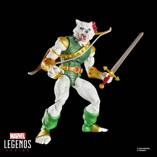 Marvel Legends Man-Wolf posed with sword drawn and bow on back in battle stance