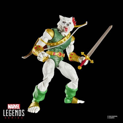 Marvel Legends Man-Wolf posed with sword drawn and bow on back in battle stance