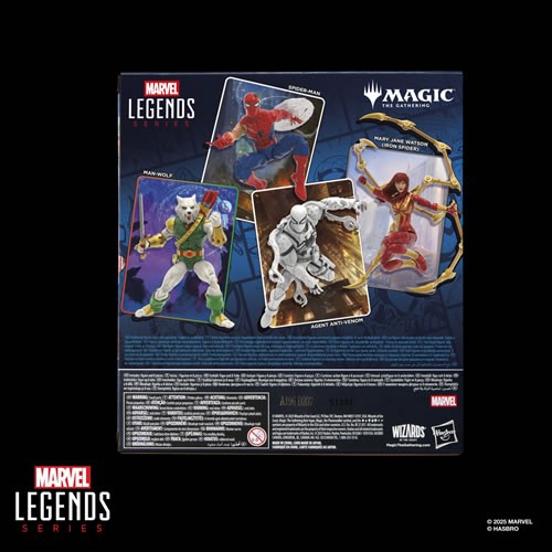 Back packaging of Marvel Legends Battle-Damaged Spider-Man Magic the Gathering crossover action figure with character lineup