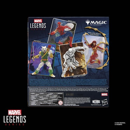 Back packaging of Marvel Legends Battle-Damaged Spider-Man Magic the Gathering crossover action figure with character lineup