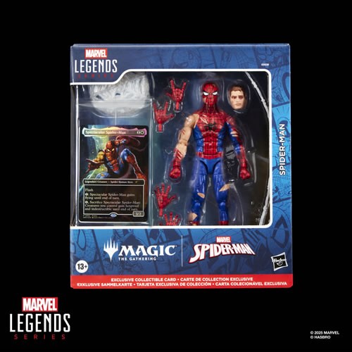 Marvel Legends 6" Battle-Damaged Spider-Man action figure with exclusive Magic the Gathering crossover card in retail box