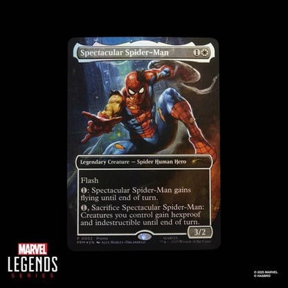 Exclusive Magic the Gathering card Spectacular Spider-Man with crossover artwork featuring Peter Parker in action pose