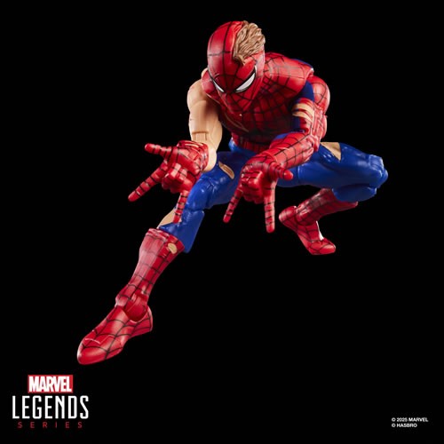 Marvel Legends Spider-Man action figure crouched in dynamic thwip pose with mask on and detailed articulation