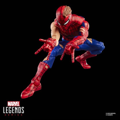 Marvel Legends Spider-Man action figure crouched in dynamic thwip pose with mask on and detailed articulation