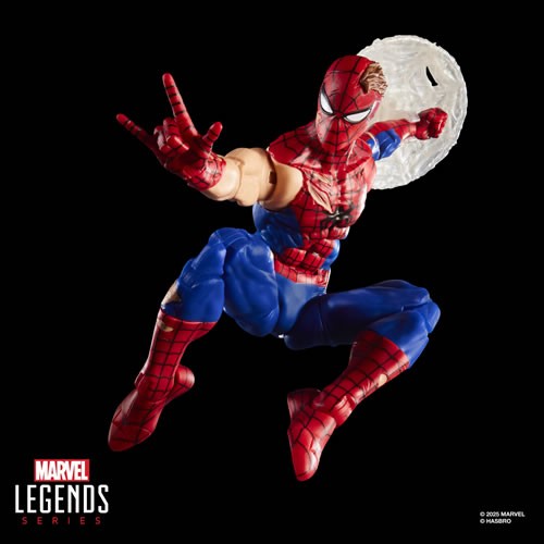 Marvel Legends Battle-Damaged Spider-Man action figure posed in mid-air web-slinging action with alternate head
