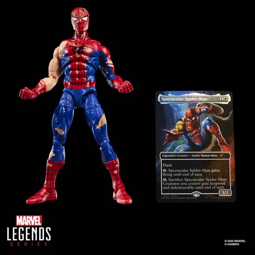 Marvel Legends Spider-Man 6" action figure displayed with exclusive Magic the Gathering Spectacular Spider-Man card