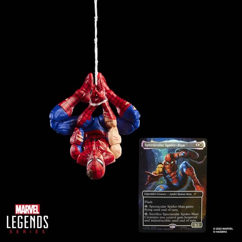 Spider-Man Marvel Legends figure hanging upside down on web line with Magic the Gathering card displayed