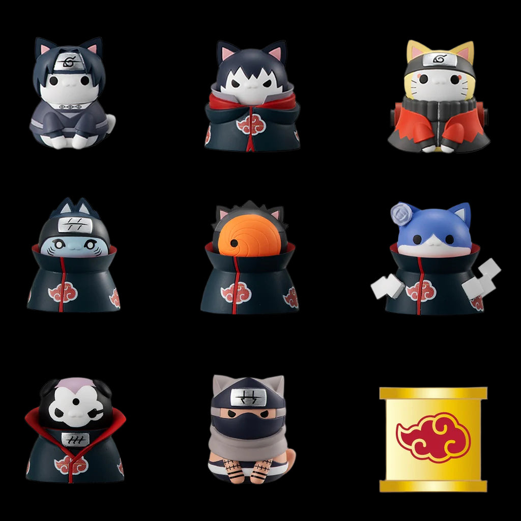 Set of nine Nyaruto! Mega Cat Project mini figures from Naruto Shippuden, featuring cat versions of Itachi, Kakashi, Tobi, Kisame, Konan, and other Akatsuki members, along with a bonus scroll accessory, displayed on a black background.