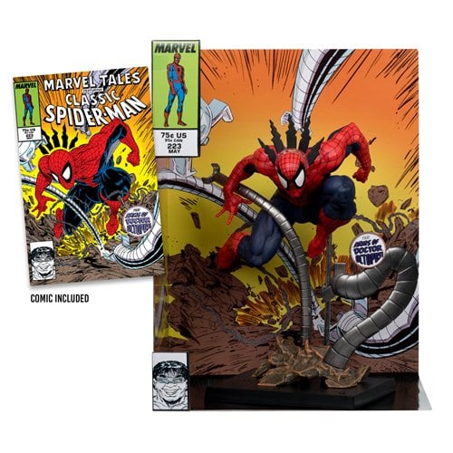McFarlane Toys 1:6 scale Spider-Man figure posed against explosive comic scene backdrop with Dr. Octopus arms, includes Marvel Tales #223 reprint.