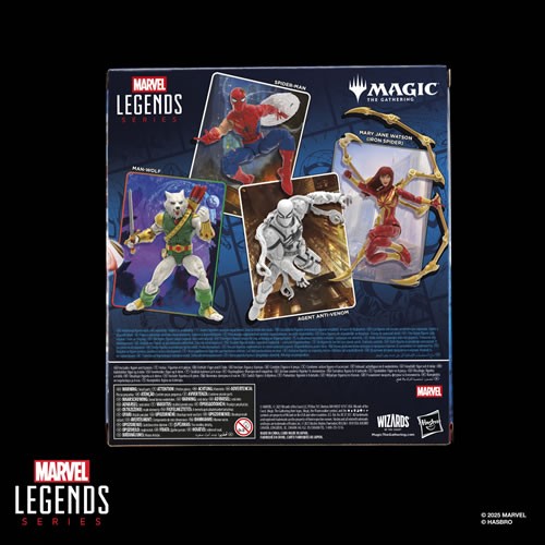 Back packaging of Marvel Legends Mary Jane Watson Iron Spider Magic the Gathering crossover figure with character art and product details
