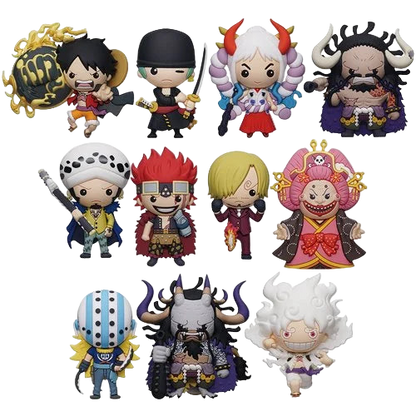 Assorted characters from Monogram One Piece Series 5 3D Foam Bag Clip collection including Monkey D. Luffy, Trafalgar Law, and Kaido.