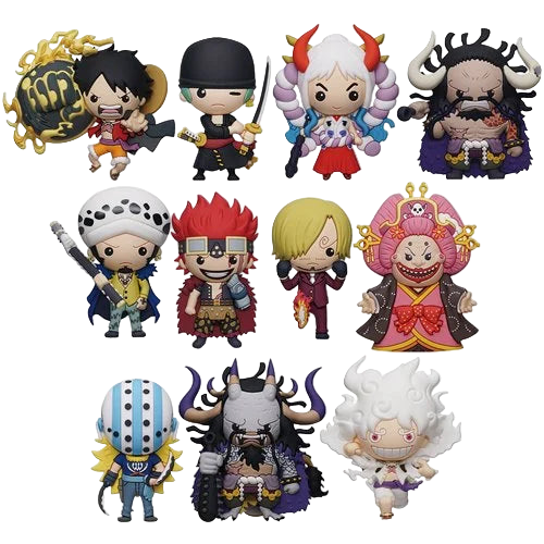 Assorted characters from Monogram One Piece Series 5 3D Foam Bag Clip collection including Monkey D. Luffy, Trafalgar Law, and Kaido.