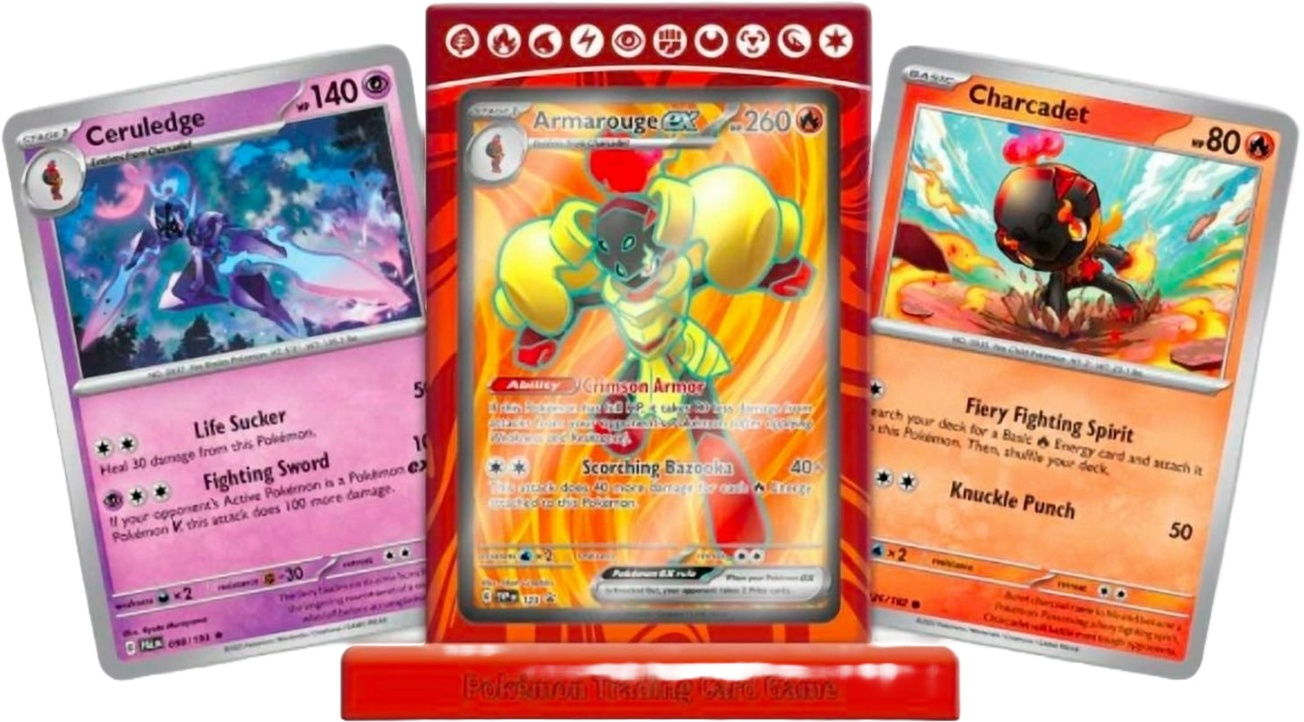 Promo card lineup from the Armarouge ex Premium Collection including Armarouge ex, Ceruledge, and Charcadet.