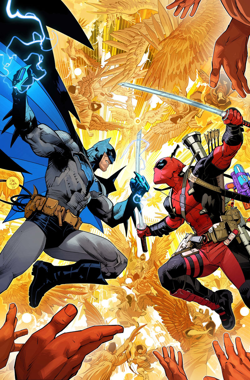 Batman and Deadpool clashing mid-air with glowing weapons on the Dan Mora Regular Cover for Batman/Deadpool #1A (2025).
