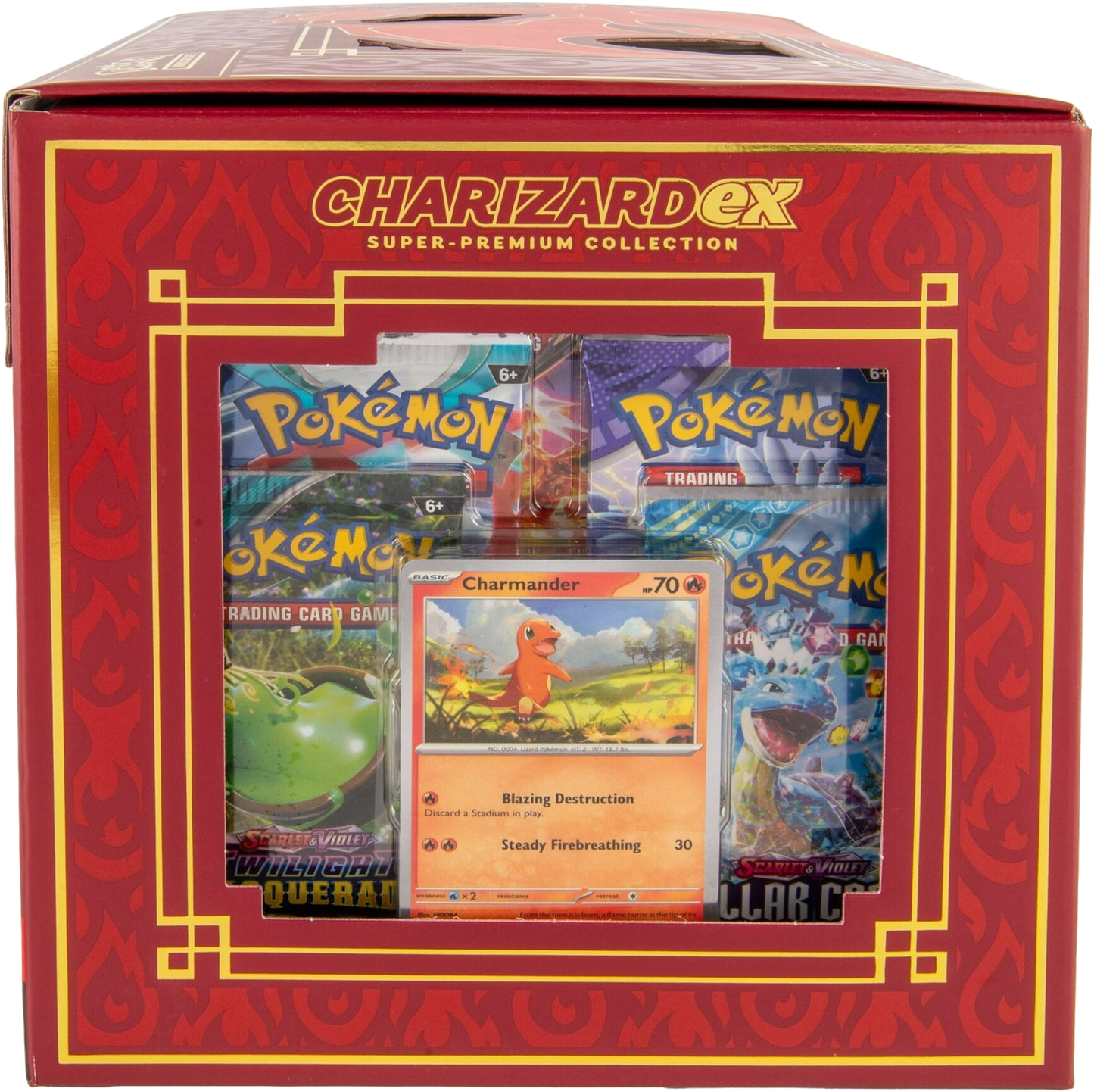 Charmander promo card visible through the side window of the Charizard ex Super-Premium Collection box.