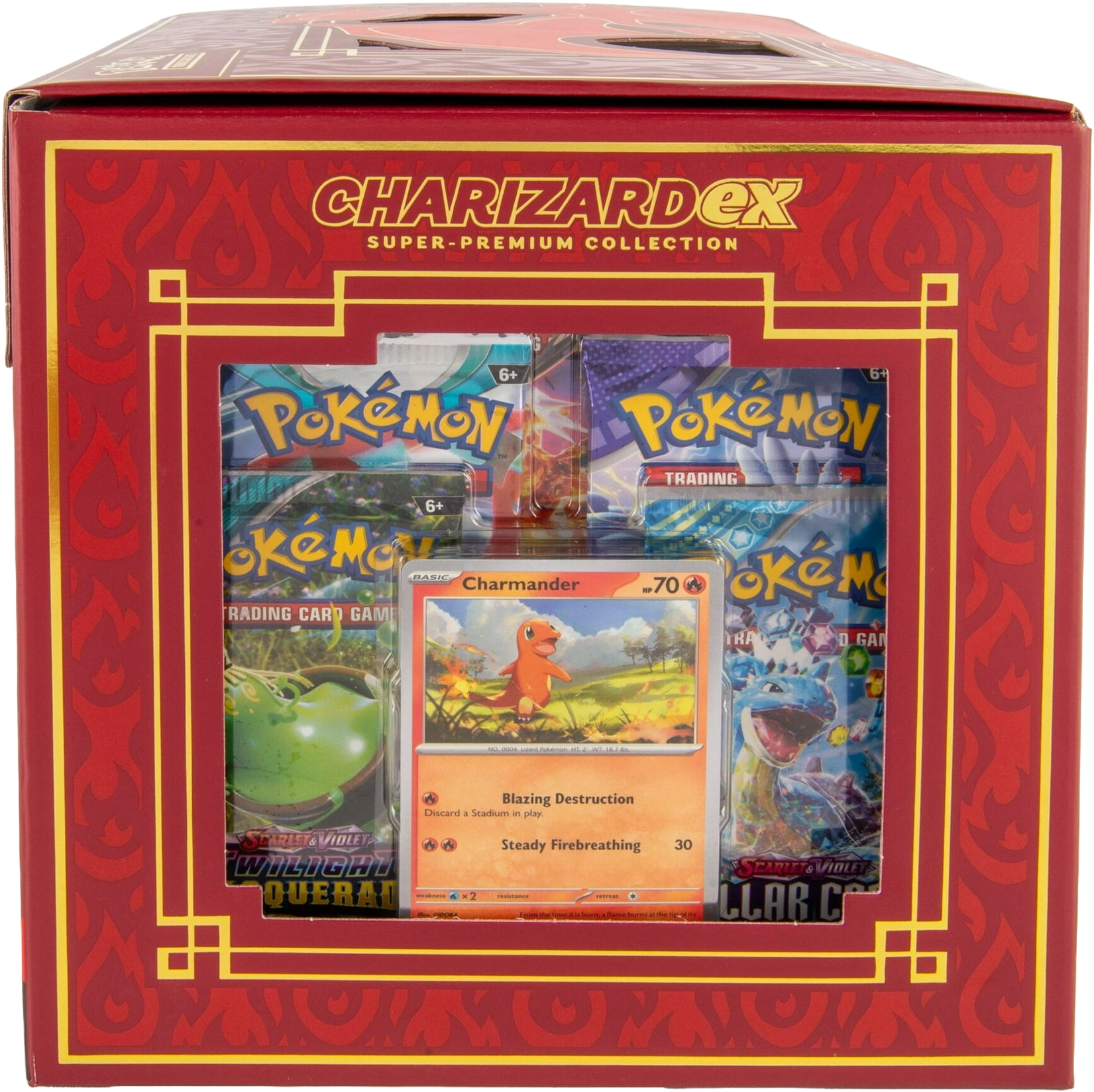 Charmander promo card visible through the side window of the Charizard ex Super-Premium Collection box.