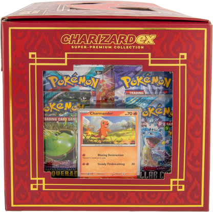 Charmander promo card visible through the side window of the Charizard ex Super-Premium Collection box.