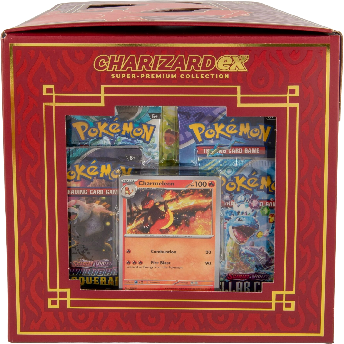 Charmeleon promo card visible through the opposite window of the Charizard ex Super-Premium Collection box.