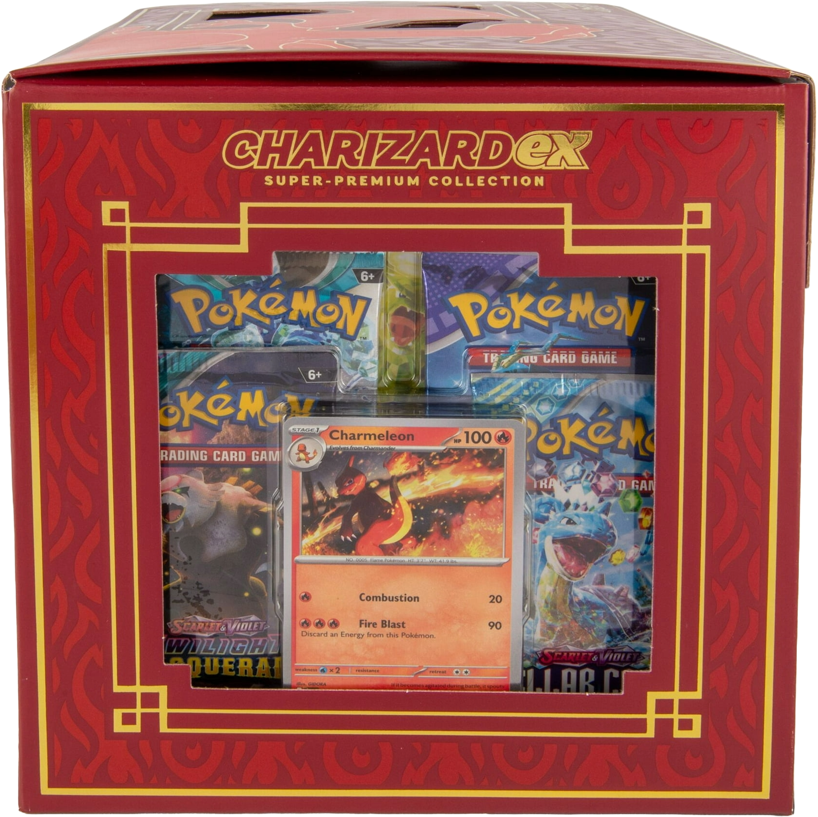 Charmeleon promo card visible through the opposite window of the Charizard ex Super-Premium Collection box.