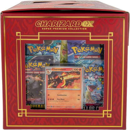 Charmeleon promo card visible through the opposite window of the Charizard ex Super-Premium Collection box.