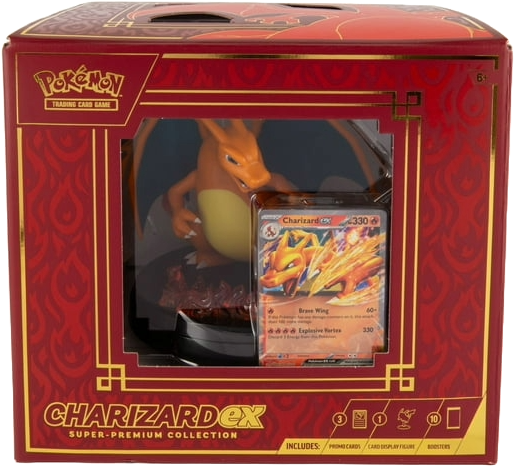 Charizard ex Super-Premium Collection front display with promos and booster packs.
