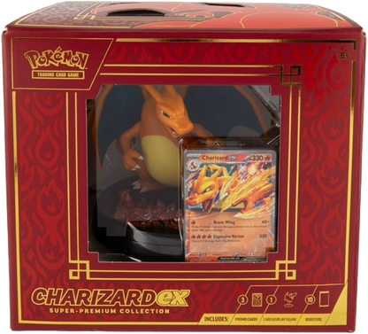 Charizard ex Super-Premium Collection front display with promos and booster packs.