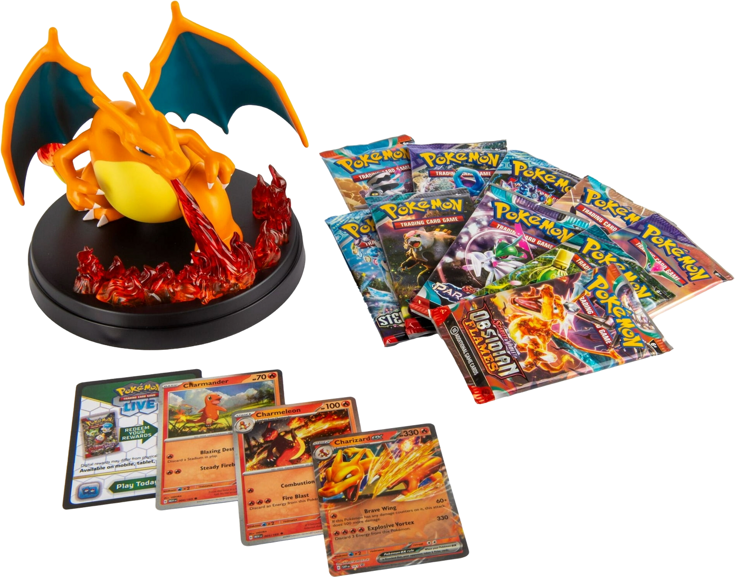 Promo card lineup including Charizard ex, Charmeleon, and Charmander from the Super-Premium Collection.