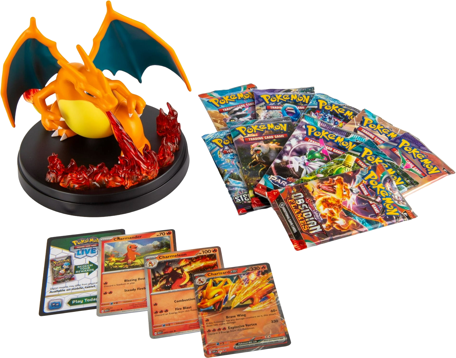 Promo card lineup including Charizard ex, Charmeleon, and Charmander from the Super-Premium Collection.